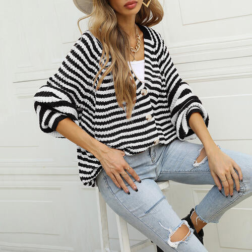 Striped Button Down Long Sleeve Cardigan BLUE ZONE PLANET