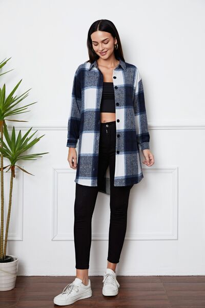 Plaid Button Up Collared Neck Outerwear BLUE ZONE PLANET