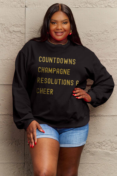 Blue Zone Planet |  Simply Love Full Size COUNTDOWNS CHAMPAGNE RESOLUTIONS & CHEER Round Neck Sweatshirt BLUE ZONE PLANET