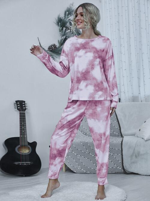 Tie-dye Round Neck Top and Drawstring Pants Lounge Set BLUE ZONE PLANET