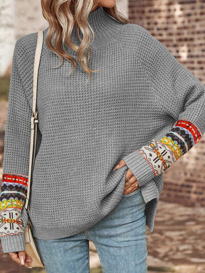 Geometric Turtleneck Long Sleeve Slit Sweater Trendsi