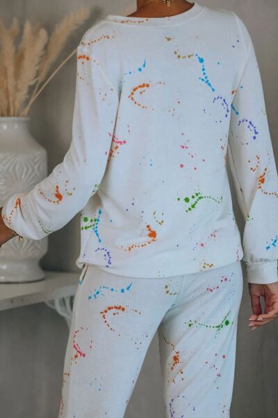 Blue Zone Planet |  Splatter Print Round Neck Top and Drawstring Pants Set BLUE ZONE PLANET