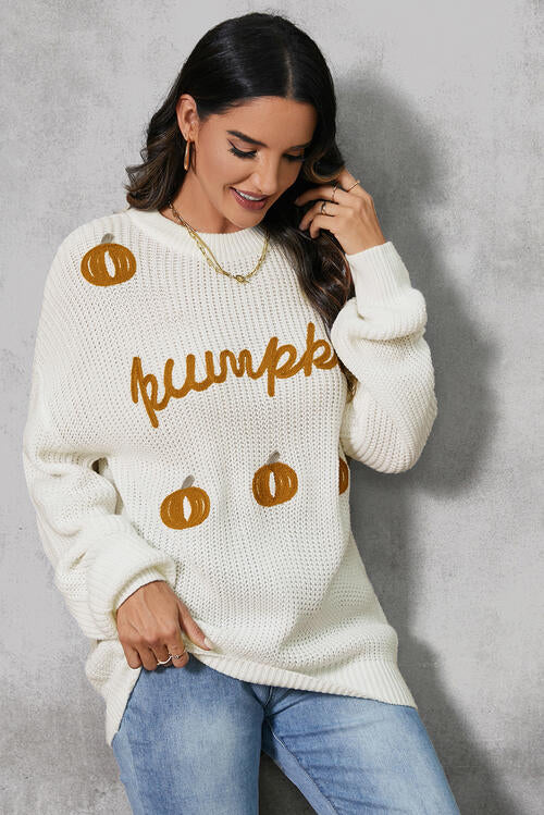 Pumpkin Embroidery Long Sleeve Sweater BLUE ZONE PLANET