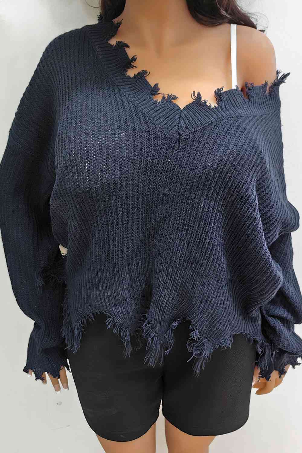 Plus Size Fringe V-Neck Raglan Sleeve Sweater BLUE ZONE PLANET
