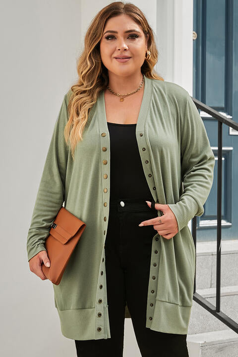 Snap Up V-Neck Long Sleeve Cardigan with Pockets BLUE ZONE PLANET