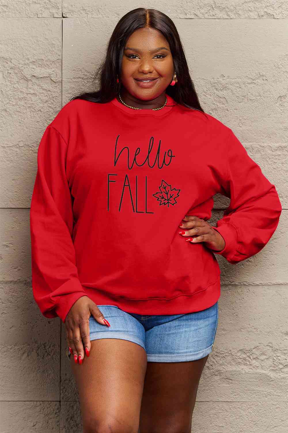 Simply Love Full Size HELLO FALL Graphic Sweatshirt BLUE ZONE PLANET