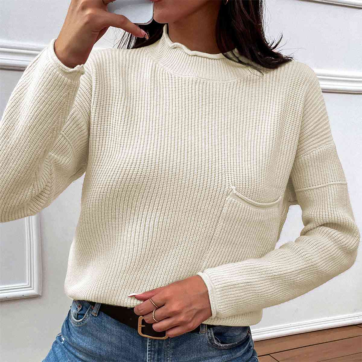 Dropped Shoulder Sweater with Pocket-TOPS / DRESSES-[Adult]-[Female]-2022 Online Blue Zone Planet