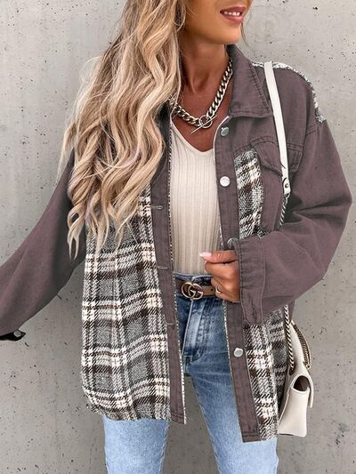 Plaid Button Up Dropped Shoulder Jacket BLUE ZONE PLANET