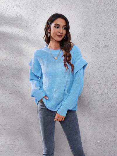 Ruffled Round Neck Dropped Shoulder Sweater BLUE ZONE PLANET