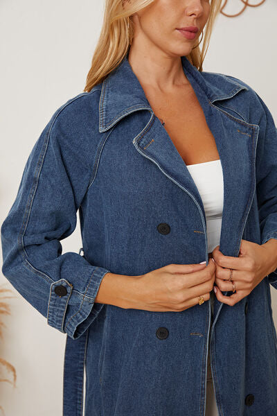 Blue Zone Planet |  Double-Breasted Belted Longline Denim Jacket BLUE ZONE PLANET