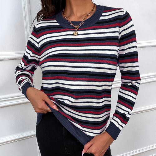 Striped Round Neck Long Sleeve Sweater BLUE ZONE PLANET