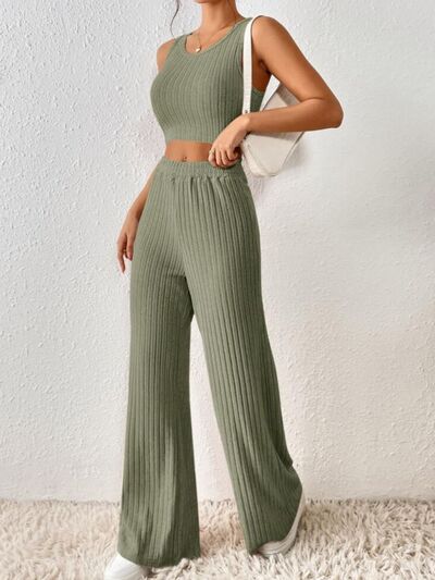 Ribbed Round Neck Tank and Pants Sweater Set Trendsi