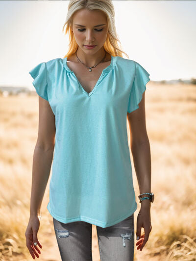 Ruffled Notched Cap Sleeve Tank Trendsi