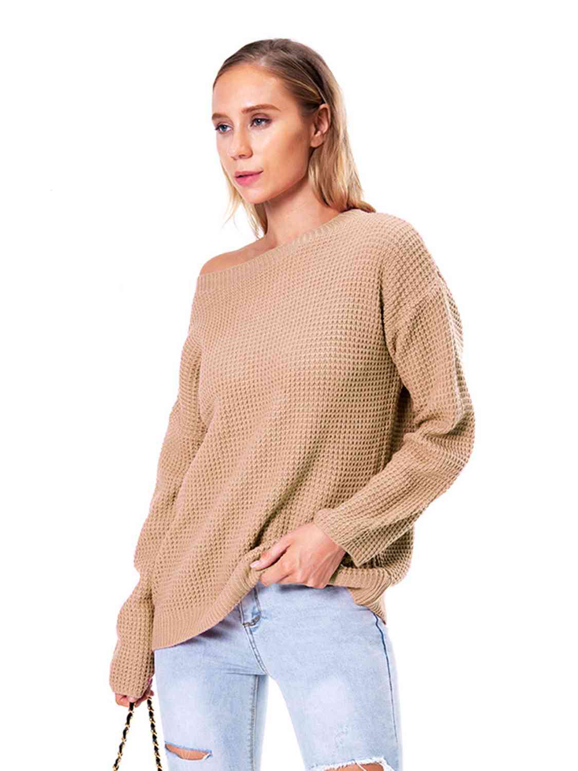 Boat Neck Drop Shoulder Long Sleeve Sweater BLUE ZONE PLANET