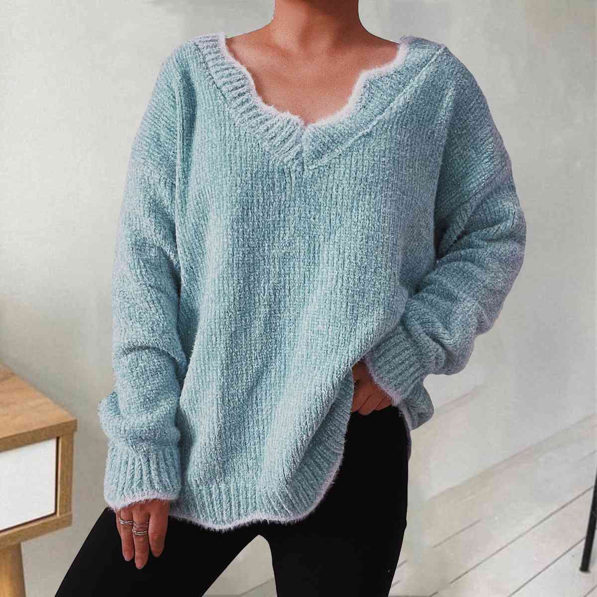 V-Neck Drop Shoulder Long Sleeve Sweater BLUE ZONE PLANET