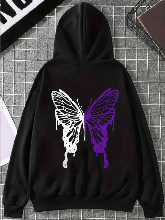 Butterfly Graphic Drawstring Hoodie with Pocket-TOPS / DRESSES-[Adult]-[Female]-Black-S-2022 Online Blue Zone Planet