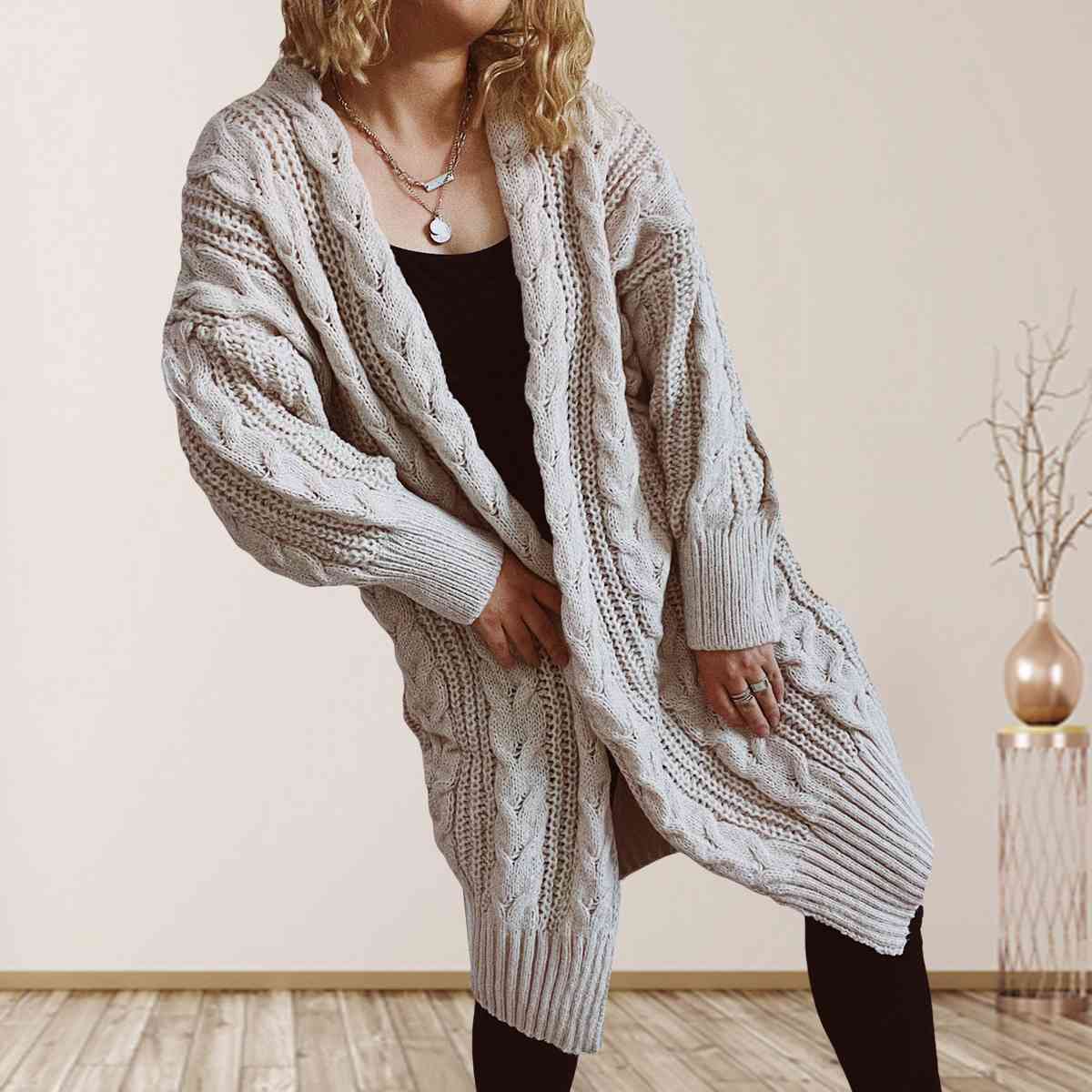 Cable-Knit Open Front Dropped Shoulder Cardigan BLUE ZONE PLANET