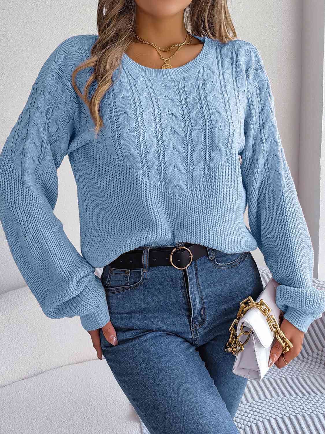 Cable-Knit Round Neck Drop Shoulder Sweater BLUE ZONE PLANET