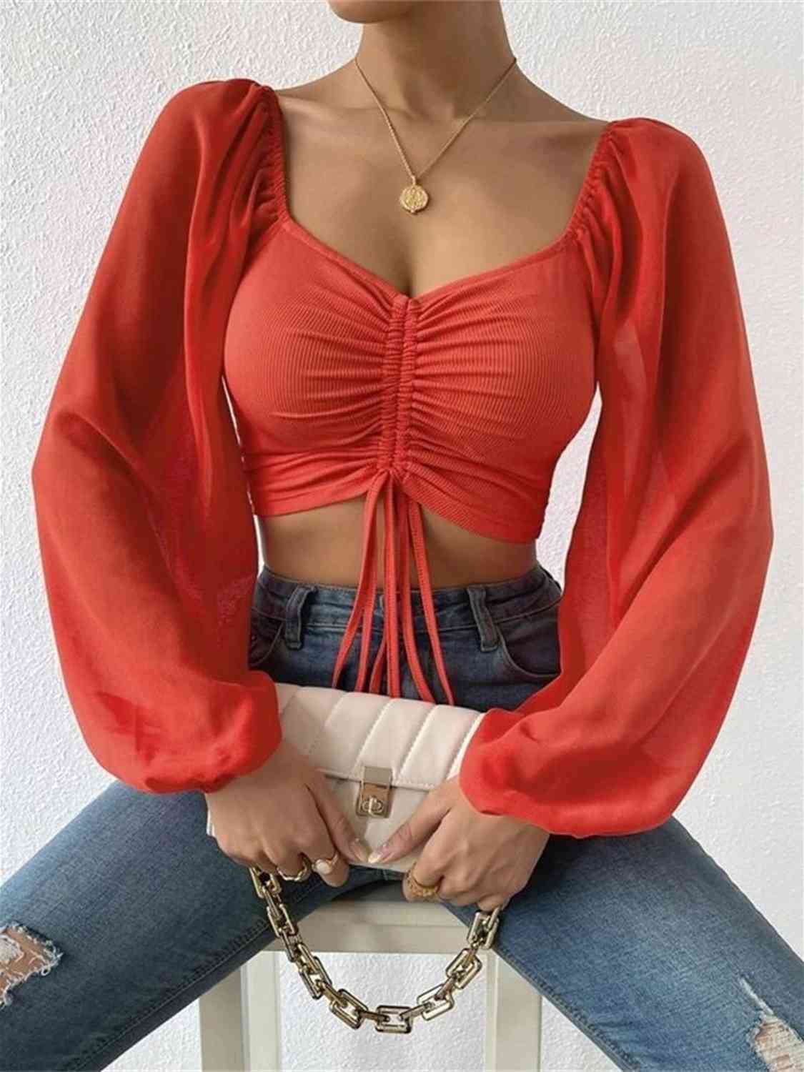 Drawstring Sweetheart Neck Cropped Top BLUE ZONE PLANET