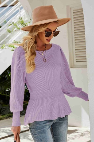 Ribbed Round Neck Lantern Sleeve Sweater Trendsi