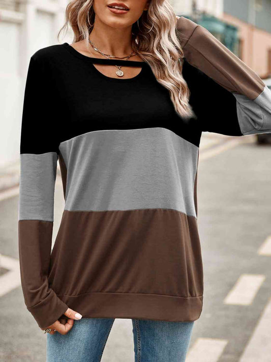 Color Block Cutout Round Neck Long Sleeve T-Shirt BLUE ZONE PLANET