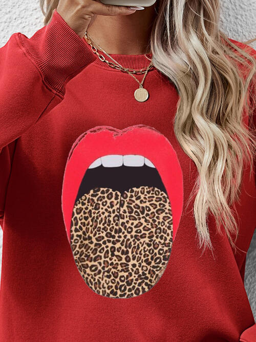 Leopard Lip Graphic Round Neck Sweatshirt BLUE ZONE PLANET