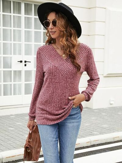 Ribbed Surplice Long Sleeve T-Shirt-TOPS / DRESSES-[Adult]-[Female]-Fuchsia-S-2022 Online Blue Zone Planet