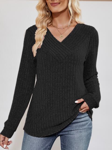 V-Neck Ribbed Long Sleeve Top BLUE ZONE PLANET
