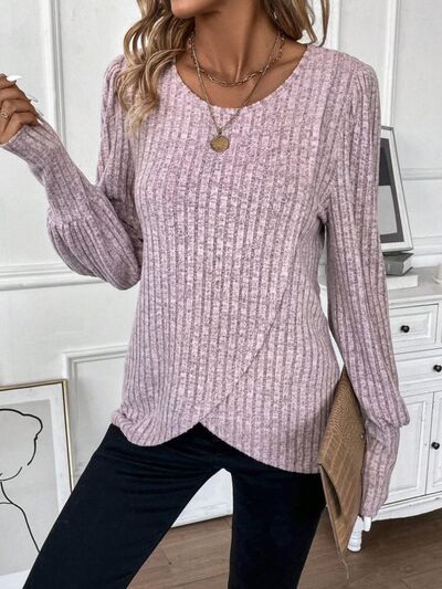 Ribbed Round Neck Long Sleeve Knit Top Trendsi