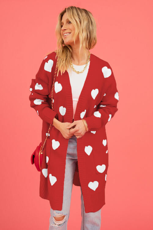 Heart Graphic Open Front Cardigan with Pockets BLUE ZONE PLANET