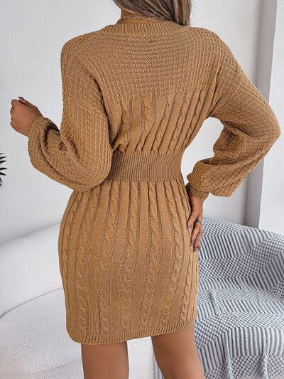 Cable-Knit Cutout Round Neck Slit Sweater BLUE ZONE PLANET