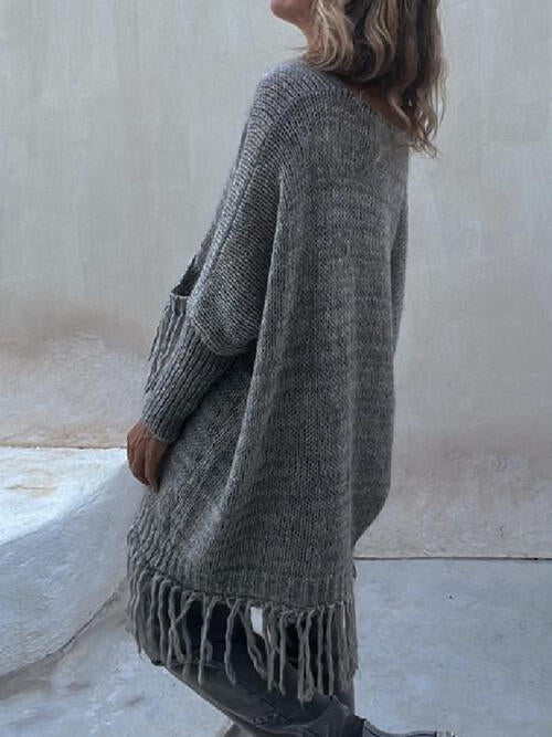 Fringe Detail Long Sleeve Sweater with Pockets BLUE ZONE PLANET