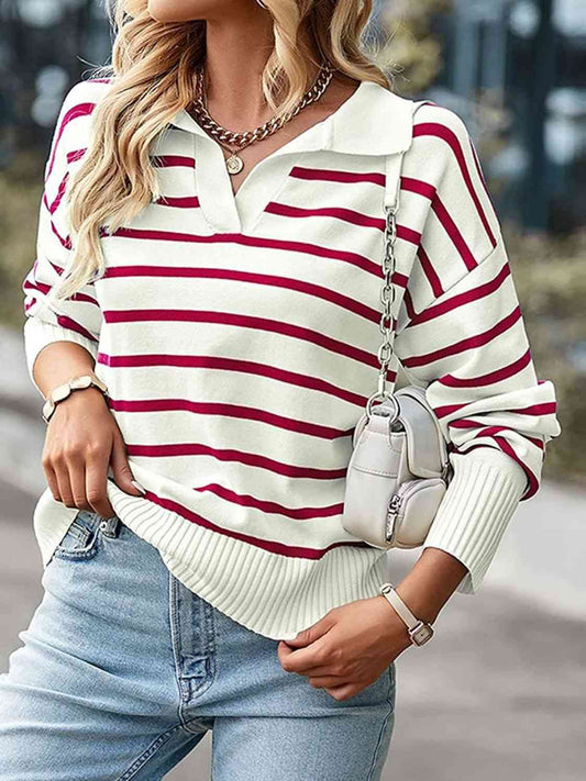 Striped Collared Neck Knit Top BLUE ZONE PLANET