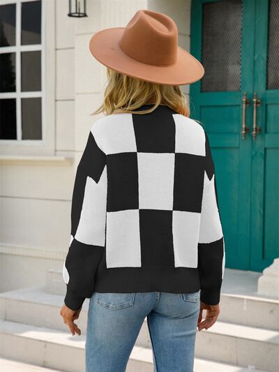 Checkered Round Neck Dropped Shoulder Sweater BLUE ZONE PLANET