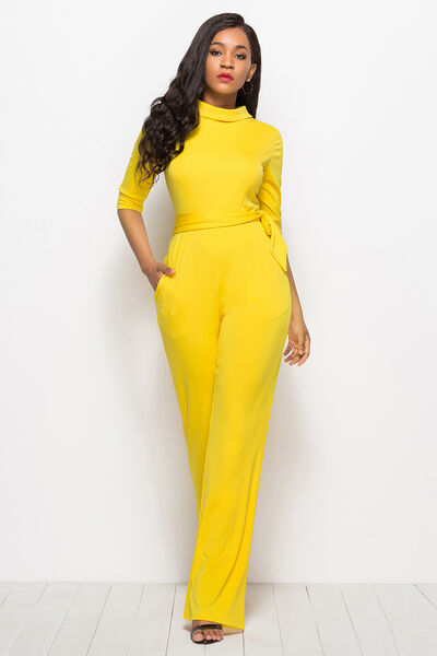 Mock Neck Tie-Waist Half Sleeve Jumpsuit Trendsi