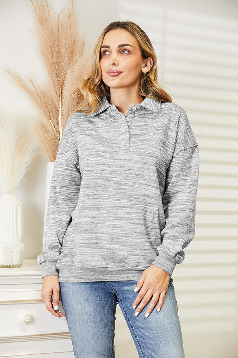 Blue Zone Planet |  Ninexis Full Size Quarter-Button Collared Sweatshirt BLUE ZONE PLANET