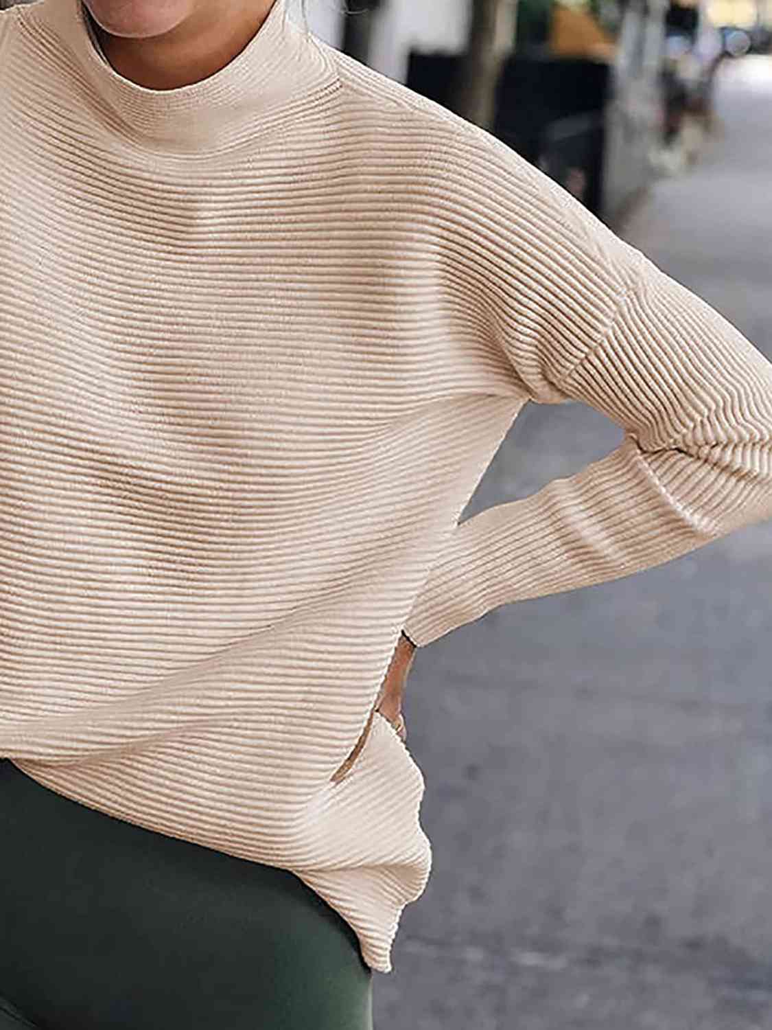 Ribbed Mock Neck Long Sleeve Sweater BLUE ZONE PLANET