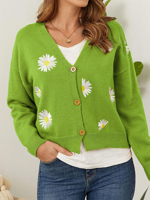 Flower Button Front Dropped Shoulder Cardigan BLUE ZONE PLANET