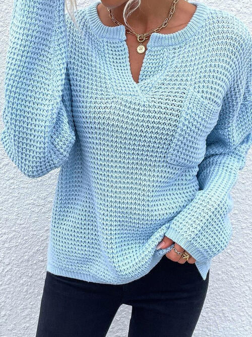 Notched Long Sleeve Sweater BLUE ZONE PLANET