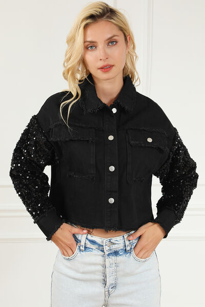 Sequin Button Up Raw Hem Denim Jacket BLUE ZONE PLANET