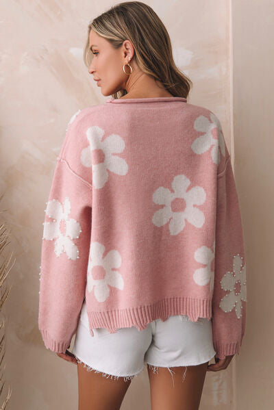 Blue Zone Planet |  Flower Pattern Pearl Detail Rolled Slit Sweater BLUE ZONE PLANET