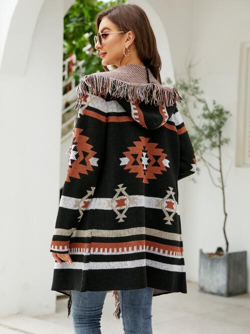 Fringe Geometric Hooded Long Sleeve Cardigan BLUE ZONE PLANET