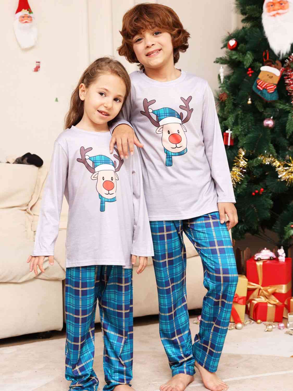 Rudolph Graphic Long Sleeve Top and Plaid Pants Set BLUE ZONE PLANET