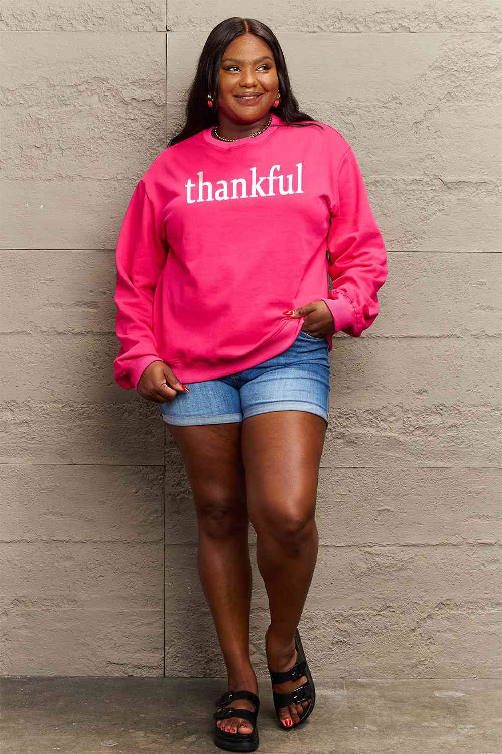 Simply Love Full Size THANKFUL Graphic Sweatshirt BLUE ZONE PLANET