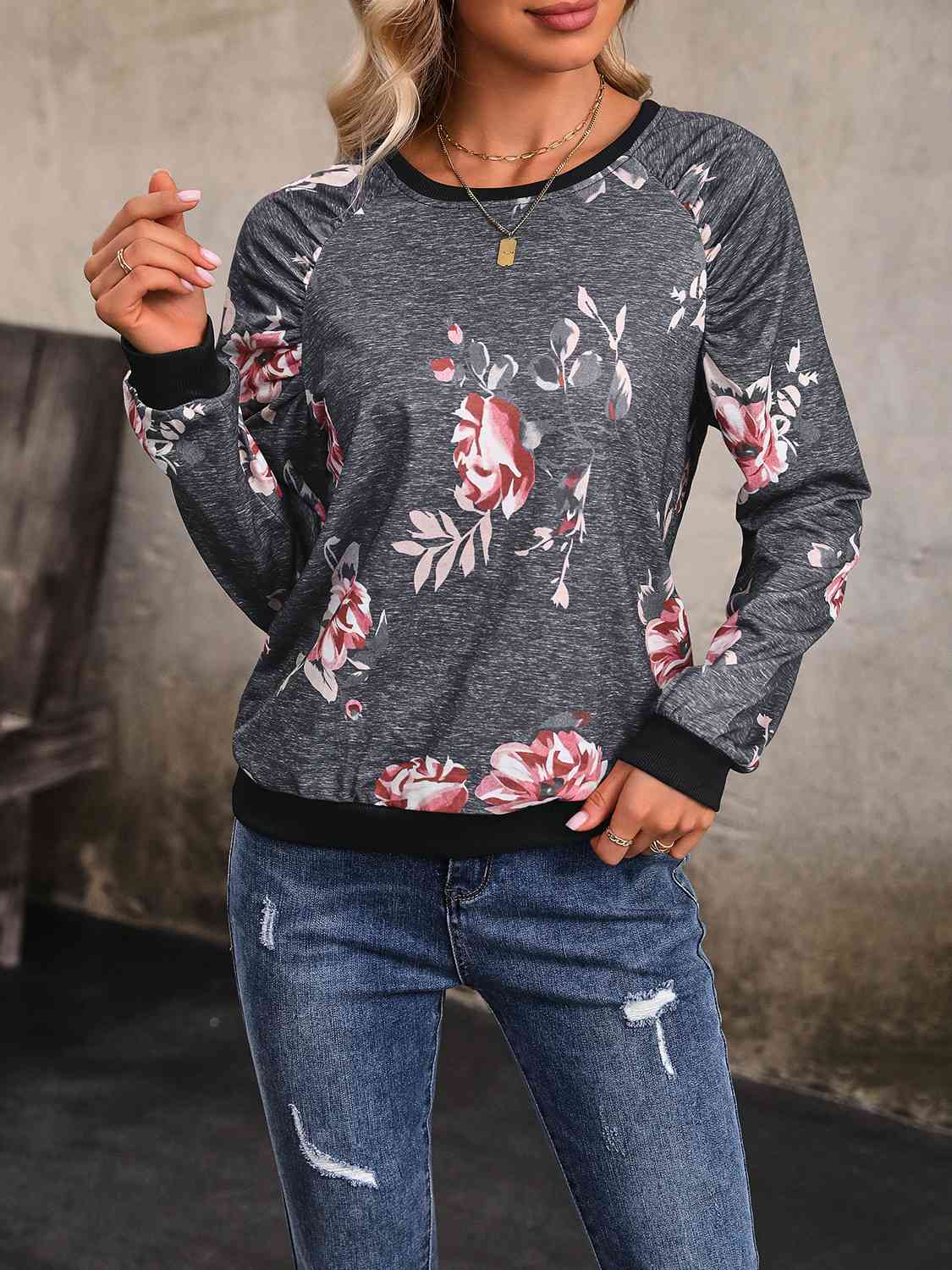 Floral Round Neck Raglan Sleeve Sweatshirt BLUE ZONE PLANET