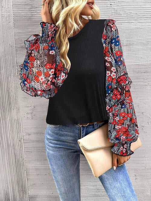 Round Neck Contrasting Color Printed Lantern Sleeve Top BLUE ZONE PLANET