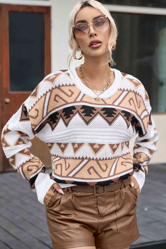 Geometric Round Neck Dropped Shoulder Sweater BLUE ZONE PLANET