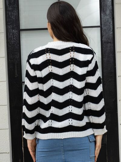 Openwork Striped V-Neck Sweater BLUE ZONE PLANET