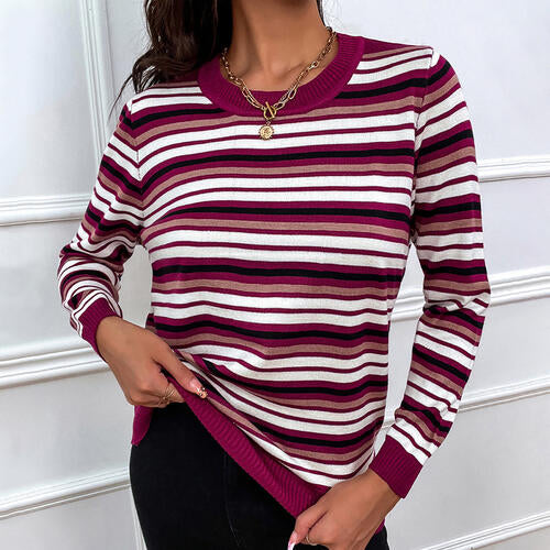 Striped Round Neck Long Sleeve Sweater BLUE ZONE PLANET