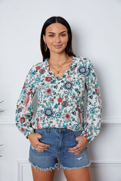 Floral Notched Long Sleeve Blouse BLUE ZONE PLANET